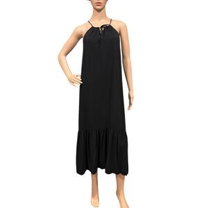 BANANA REPUBLIC Black Peasant Maxi Sleeveless Ruffled Dress Lined Sz L Petite